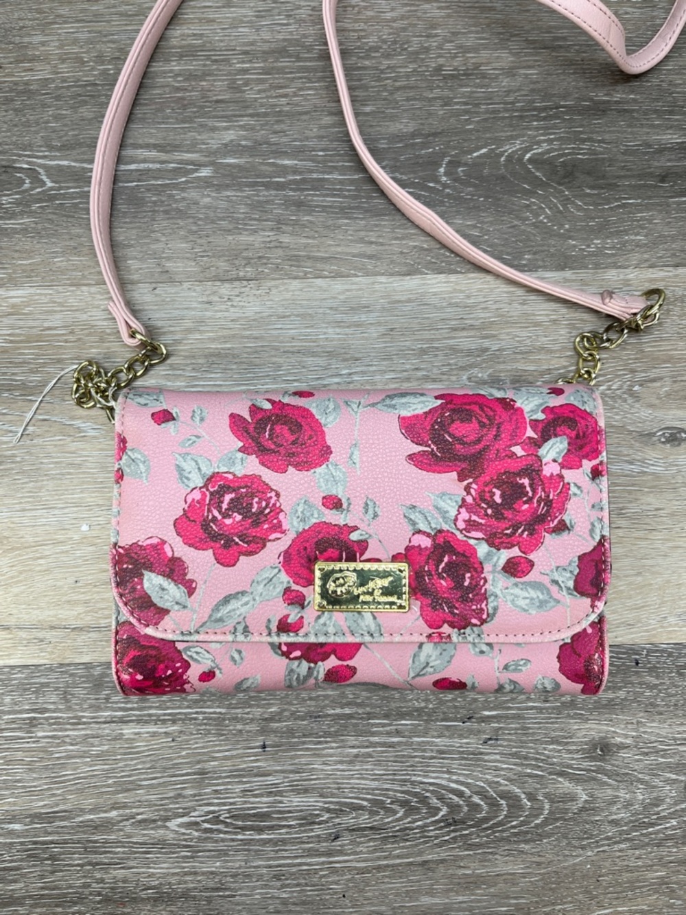 Betsy Johnson Pink Floral Crossbody Bag with Gold Hardware